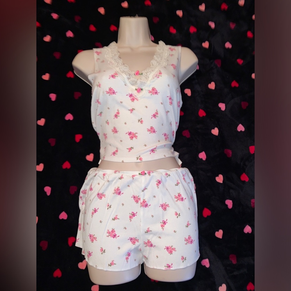 Floral Lace-Trim White & Pink Tank Pajama Set Forever 21 sz Med